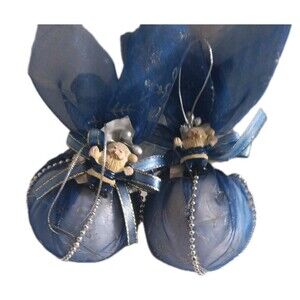 Blue Fabric Covered Ball Ornaments Christmas Tree Decorations 2 pc